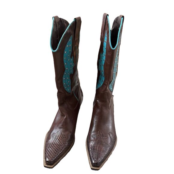 BCBG Pattern/studded Brown Leather Cowgirl Boots Turquoise Accents Brazil 7.5 - Picture 2 of 12